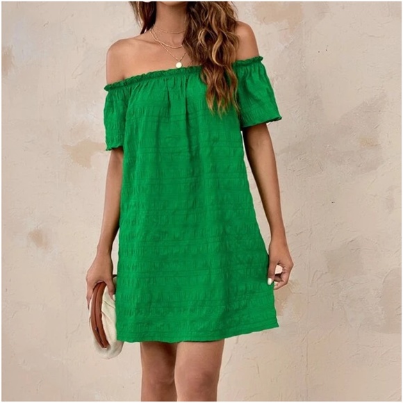 Off Shoulder Ruffle Mini Dress Green - Picture 2 of 4